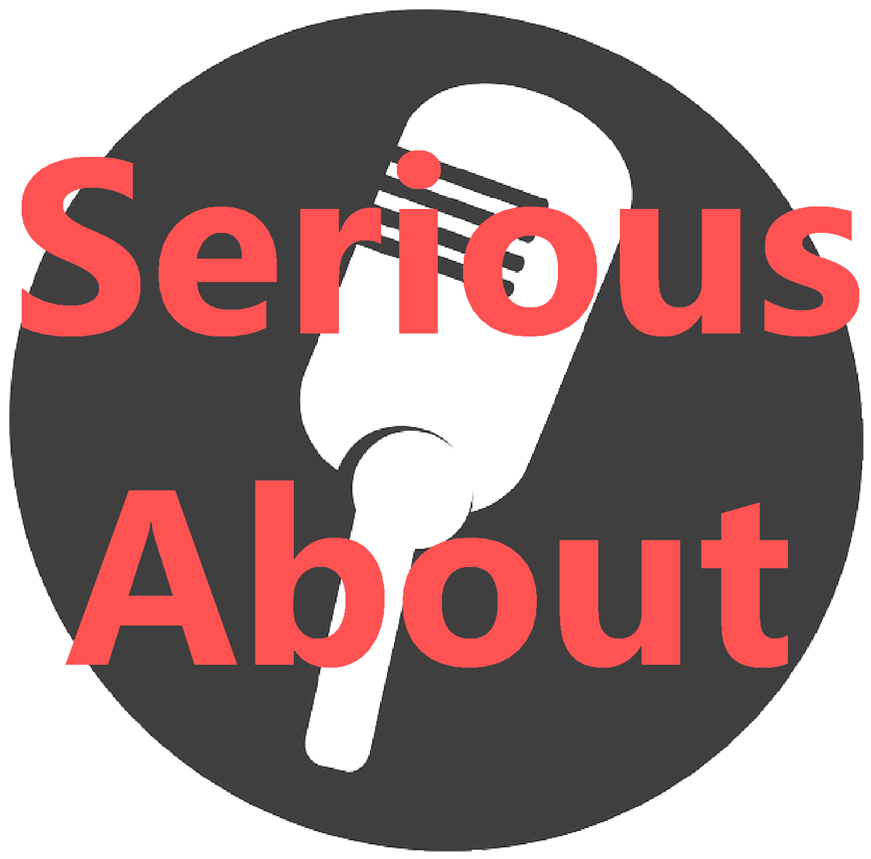 "Serious About Tech" in a red color on top of a white microphone in a dark gray circle